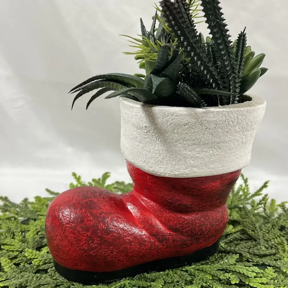Vintage Ceramic Red Santa Boot Planter w/ Faux Plastic Succulents Plants